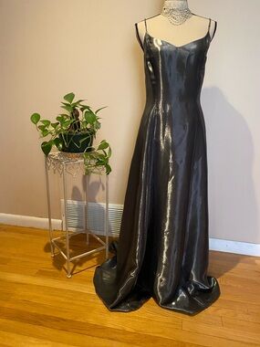 Dave & Johnny Shimmery Gunmetal Gray Satin Prom Gown